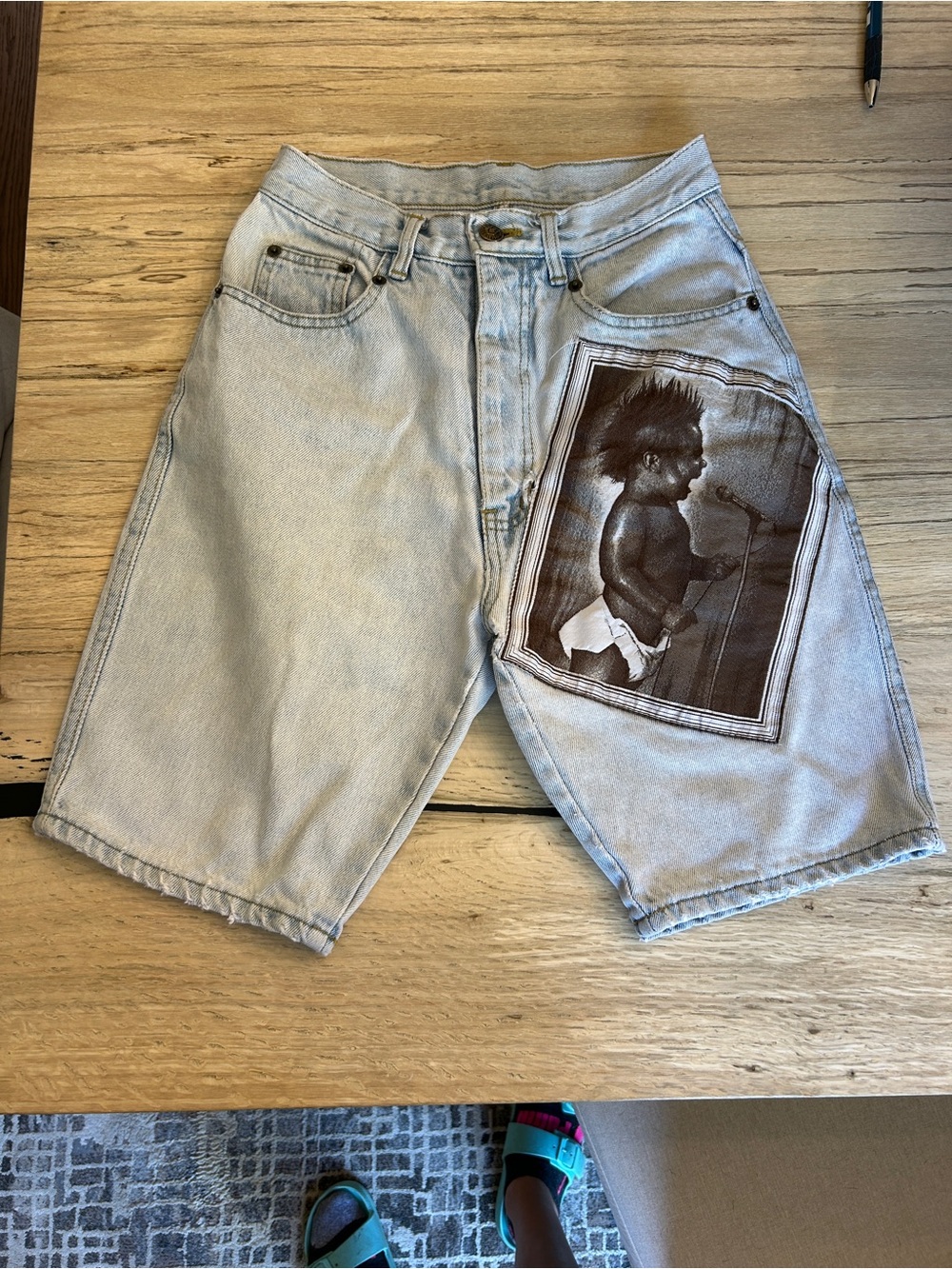 VINTAGE Light Wash Denim Women’s Shorts with Black Graphic Patch - 100% Cotton